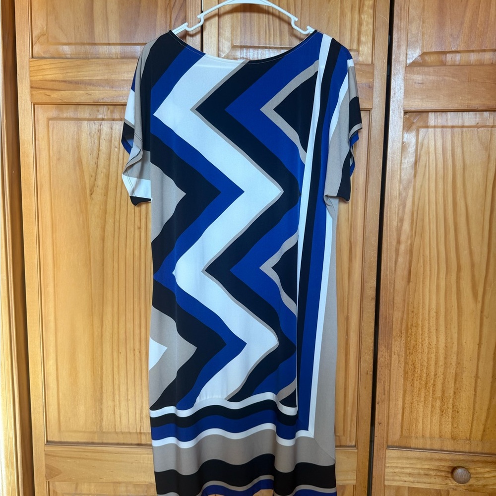 Classic Studio One Beige and Blue Chevron Midi Dress Size L Evening Out or Work